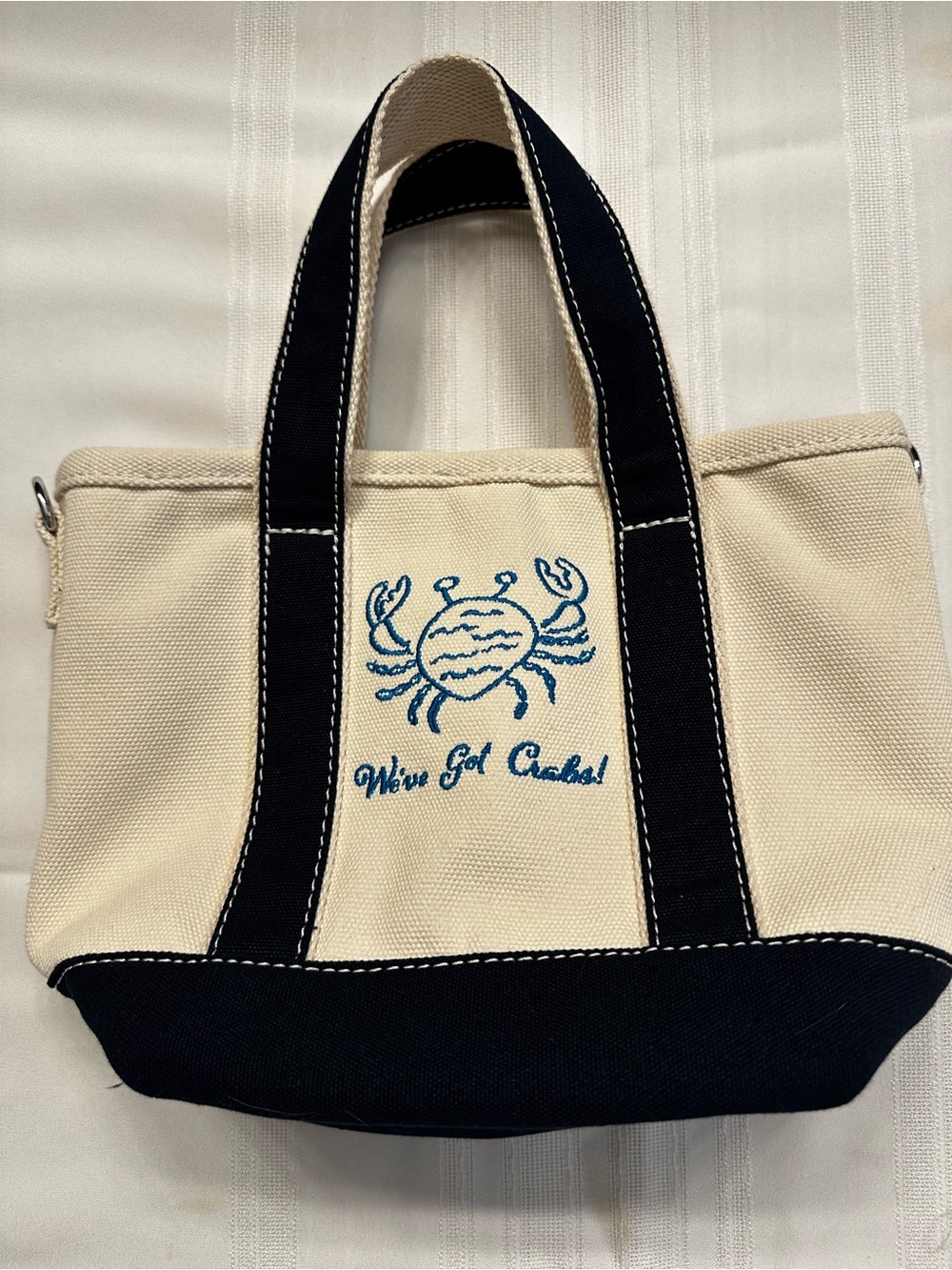 Lands' End Small Cream Tote with Navy Trim & Crab Embroidery